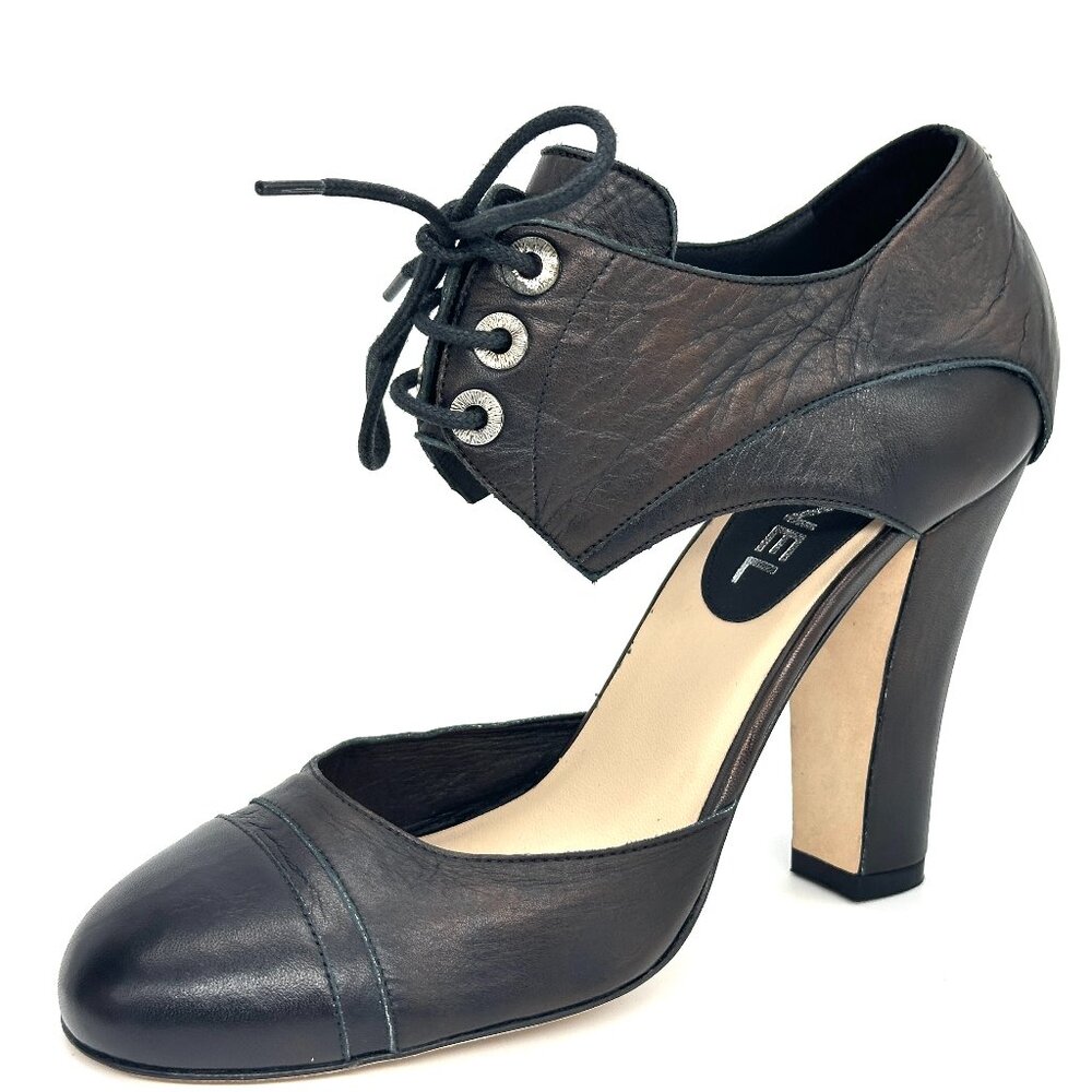 CHANEL 12C Cinema Lace Up Leather D'Orsay Pumps Sandals Shoes Heels Black - Picture 3 of 16